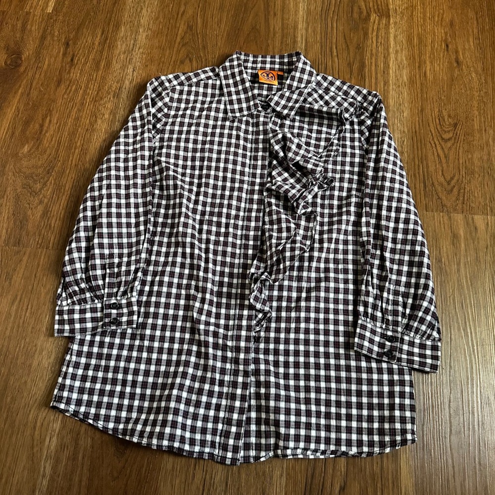 Tory Burch Ruffle Front Blouse Womens 12 Burgundy Plaid Cotton Excellent Preppy